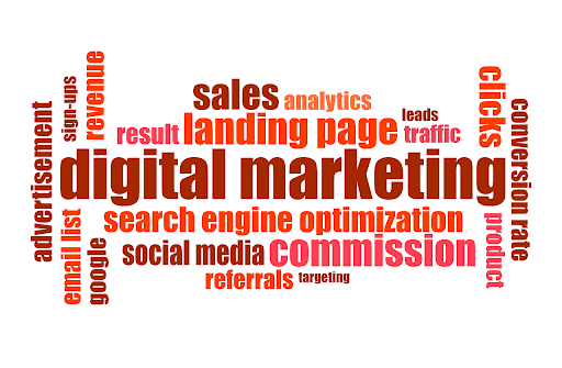 Image showcasing an array of marketing-related words written in various shades of red. The words, including 'social media,' 'marketing,' 'SEO,' 'commissions,' 'email list,' 'ads,' and more, are arranged artistically, creating a visually captivating composition. The varying shades of red add depth and visual interest to the image, while also symbolizing the dynamic and impactful nature of these marketing concepts. The image represents the interconnectedness of these components and the multifaceted nature of effective marketing strategies.